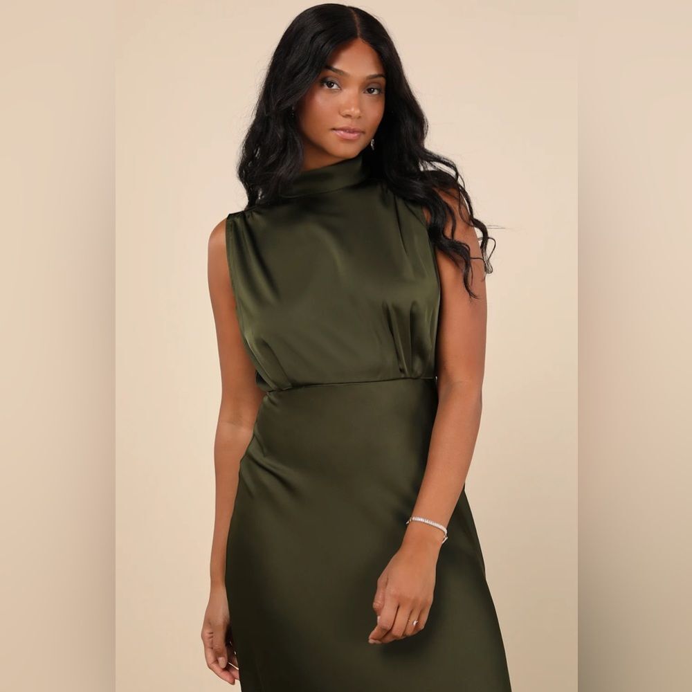 Lulus Classic Elegance Olive Satin Sleeveless Mock Neck Maxi Dress - Picture 10 of 16